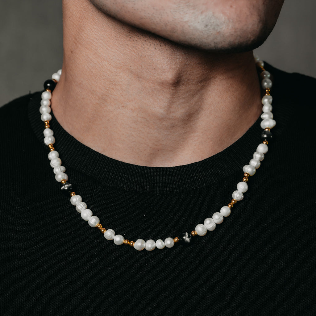 Blue Tiger Eye Beaded Pearl Necklace (Gold)
